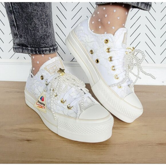 ⭐Converse Chuck Taylor Platform Pearls Lace 9 Women Shoes Party Sneaker A15197C - Picture 3 of 15